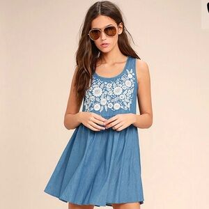 MARY JANE EMBROIDERED BLUE CHAMBRAY DRESS